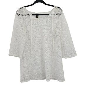 Laundry by Shelli Segal Swimsuit Coverup S White Lace 3/4 Sleeve Tunic Tie Neck‎